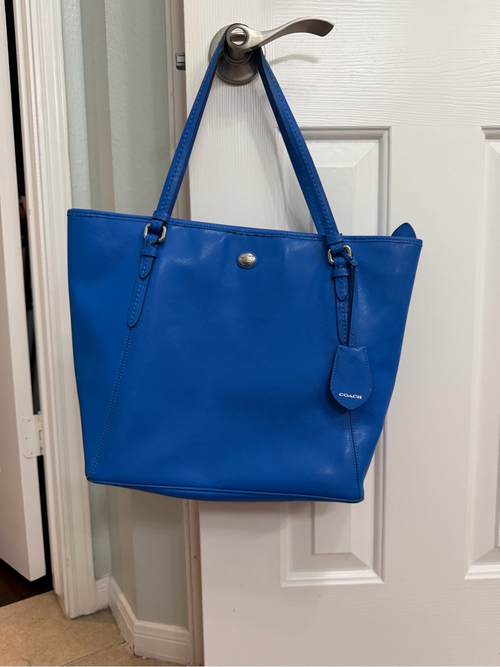 Coach Bright Blue Leather Tote with Logo Tag